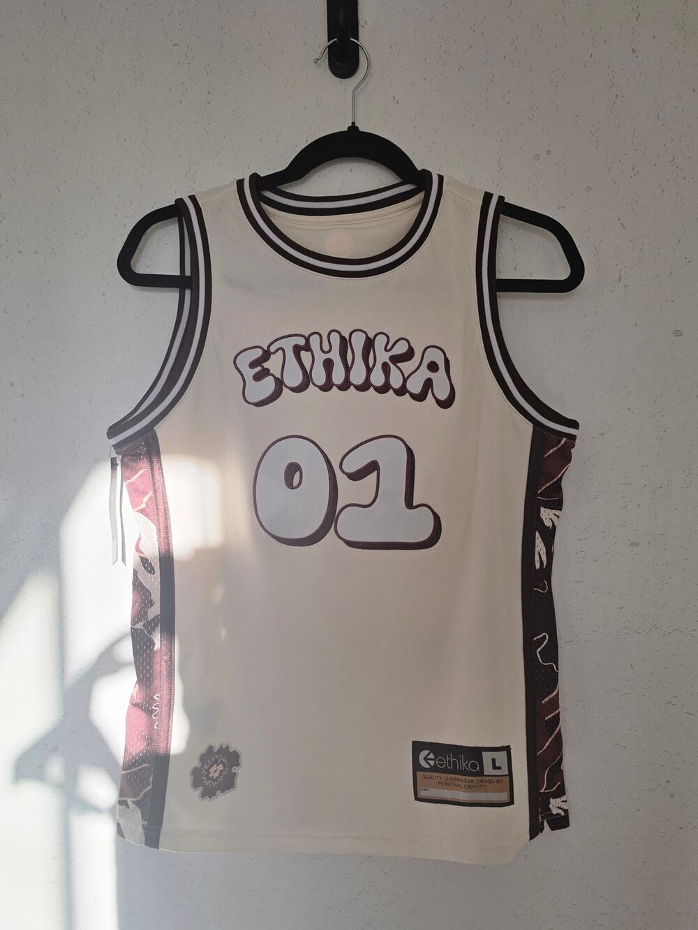 Ethika Island Leage Basketball Jersey Size Youth L  Cream and Brown Color